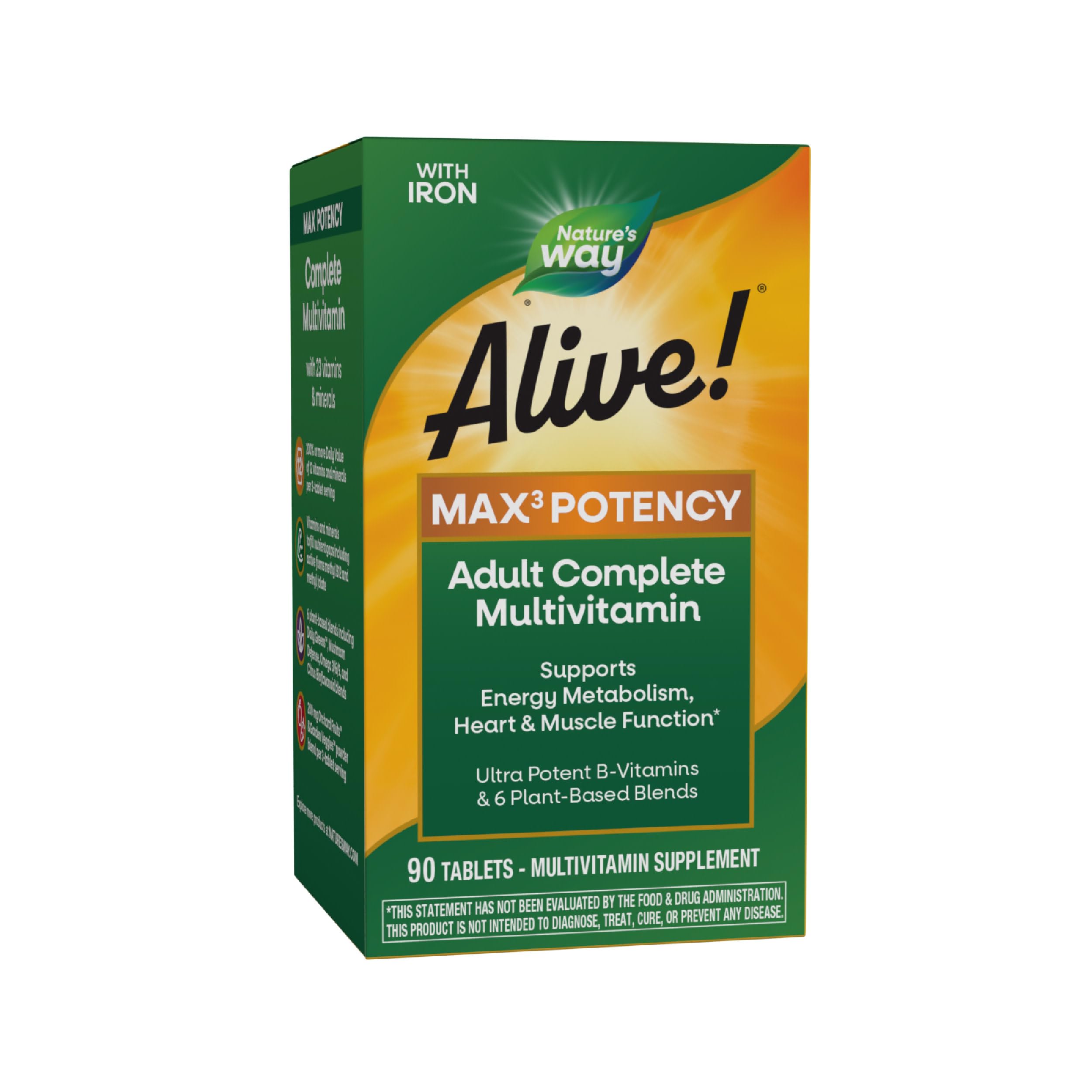 Nature's Way Alive! Max3 Potency Daily Multivitamin, Methylated B12 and Folate, Ultra Potency B-vitamins to Support Energy Metabolism*, 90 Tablets