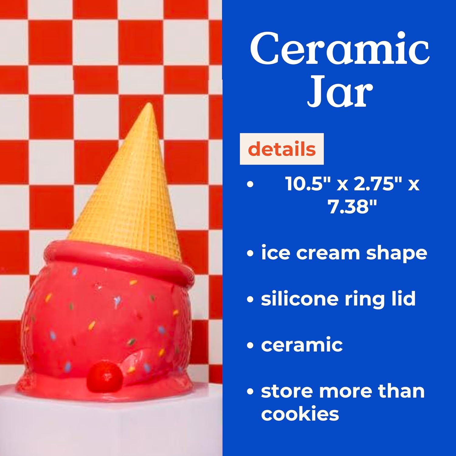 ban.do Ceramic Cookie Jar, Novelty Cookie Container, Treat and Candy Jar, Ice Cream Cone, 2403390