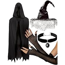 Witch Costume for Women Halloween with Distressed Hat and Black Hooded Cloak Cape. Includes Spider Lace Gloves and Antique Style Pendant Choker. 4PC Witch-Accessory Set
