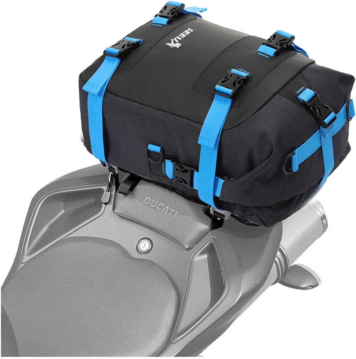 Motorcycle Tail Bag, Universal Motorcycle Seat Bag With Helmet Net, Blue, 20 Liters