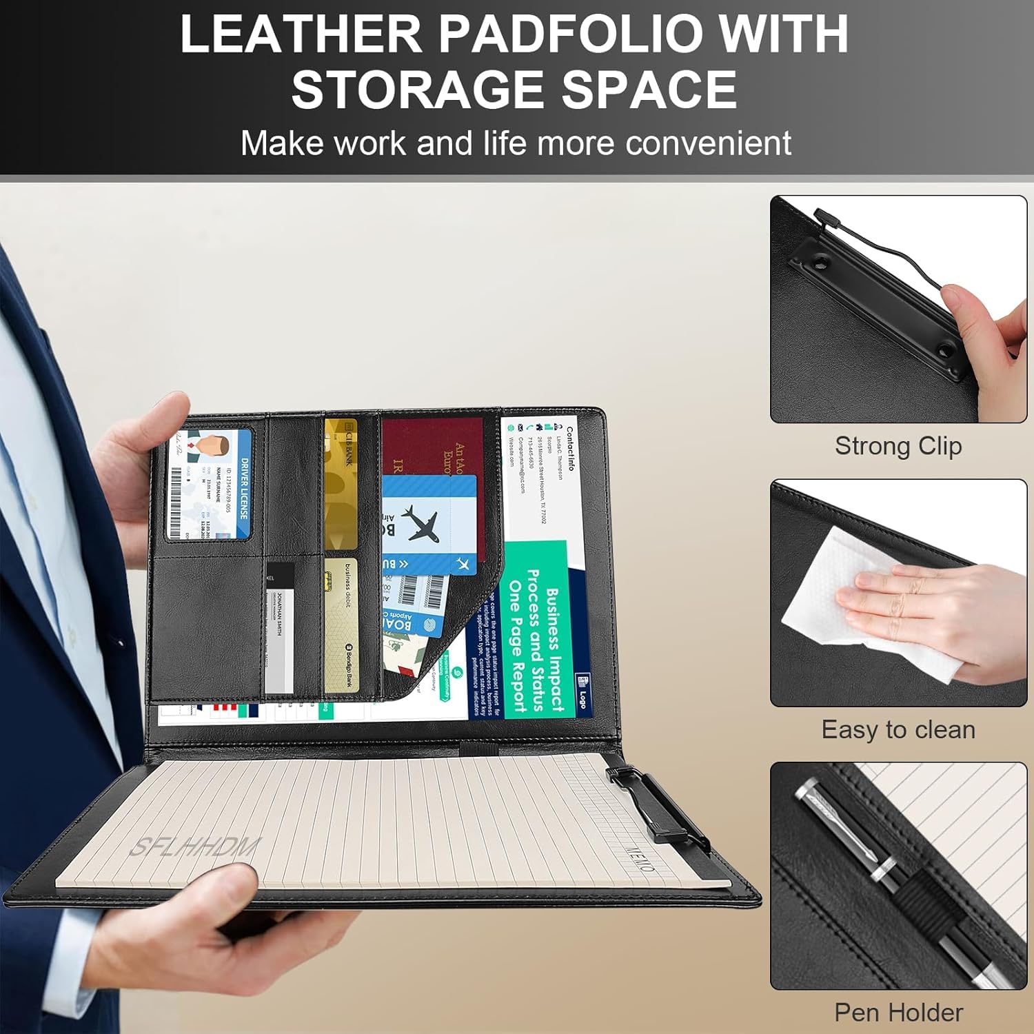 Professionelles Portfolio-Padfolio, PU-Leder, A4-Größe mit Klemmbrett, Notizblock, Visitenkartenhalter, Stiftschlaufe, mehrere Taschen für Büroorganisation (schwarz)