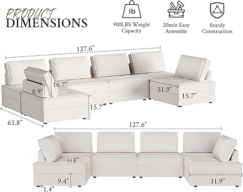 Miniatura 2 de PaPaJet Sofá seccional, sofá modular de 6 plazas, sofá modular convertible en forma de U, sofá modular de 32 pulgadas de profundidad del asiento de