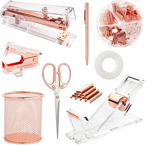 Miniatura 1 de Accesorios de escritorio de oro rosa, juego de suministros de oficina con grapadora acrílica, dispensador de cinta, removedor de grapas, soporte