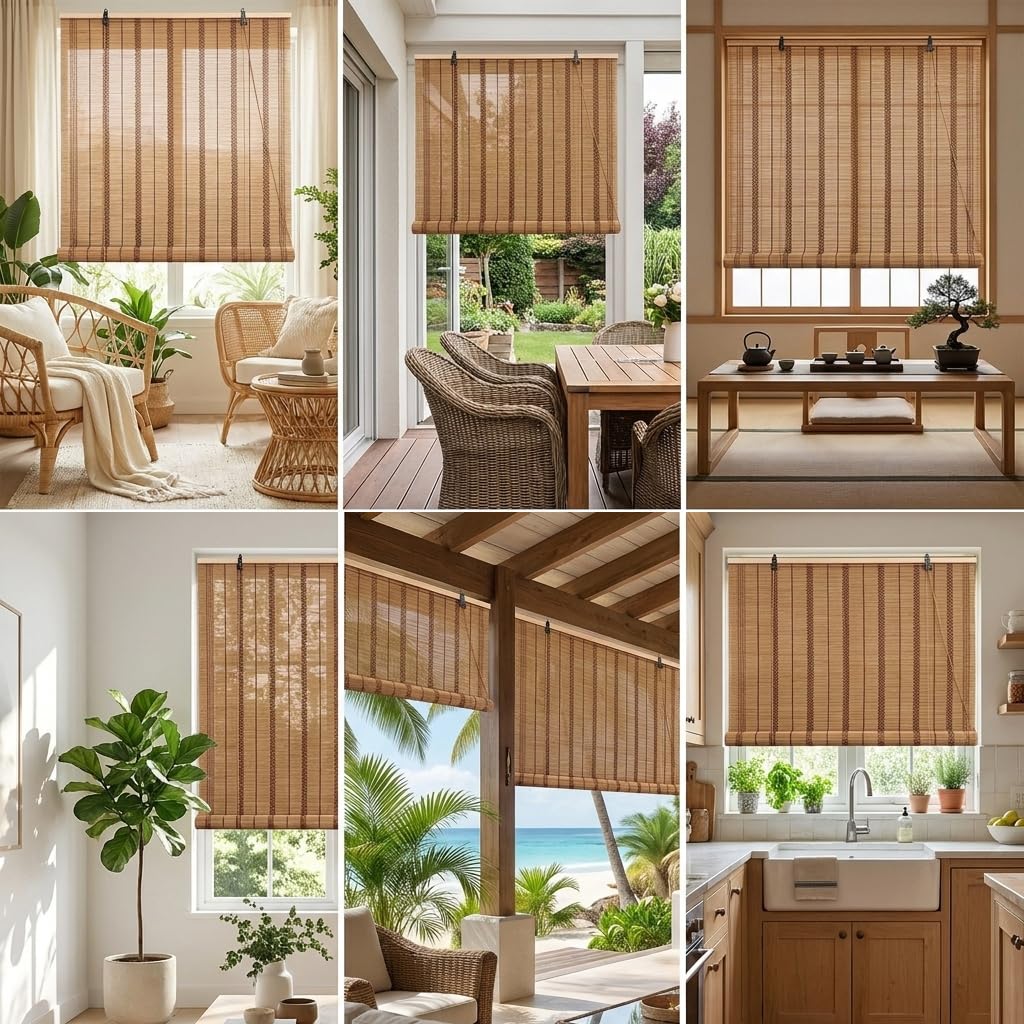 145x150cm Estor de Bambú Natural 50% Filtro Luz | Persiana Enrollable Bambú | Privacidad Diurna, Antideslumbramiento |Cortina para Ventana – Decoración Rústica para Ventanas y Terrazas