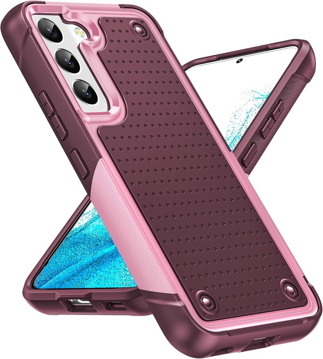 LeYi for Samsung Galaxy S22 Case for Women Girls, Dual Layer Protective Hard PC Back & Soft Bumper Resilient Shock Absorb Phone Case for Samsung S22, Red Pink