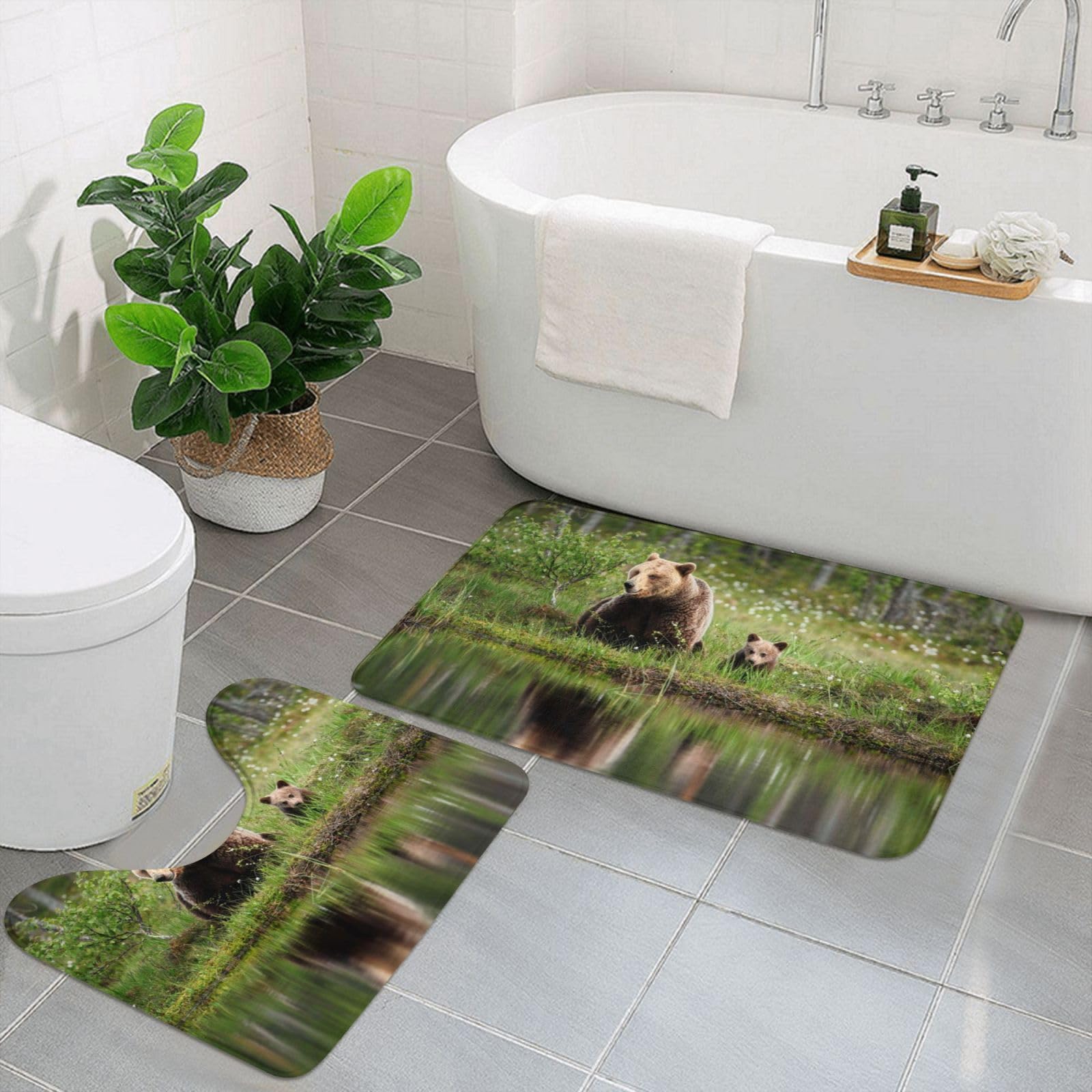 BAFAFA River Bear Mom Printed Bathroom Rug Bath Mats Set 2 Piece Soft Flannel Shower Mats Non Slip Bath Rug U-Shaped Toilet Mat for Bathroom Tub Shower