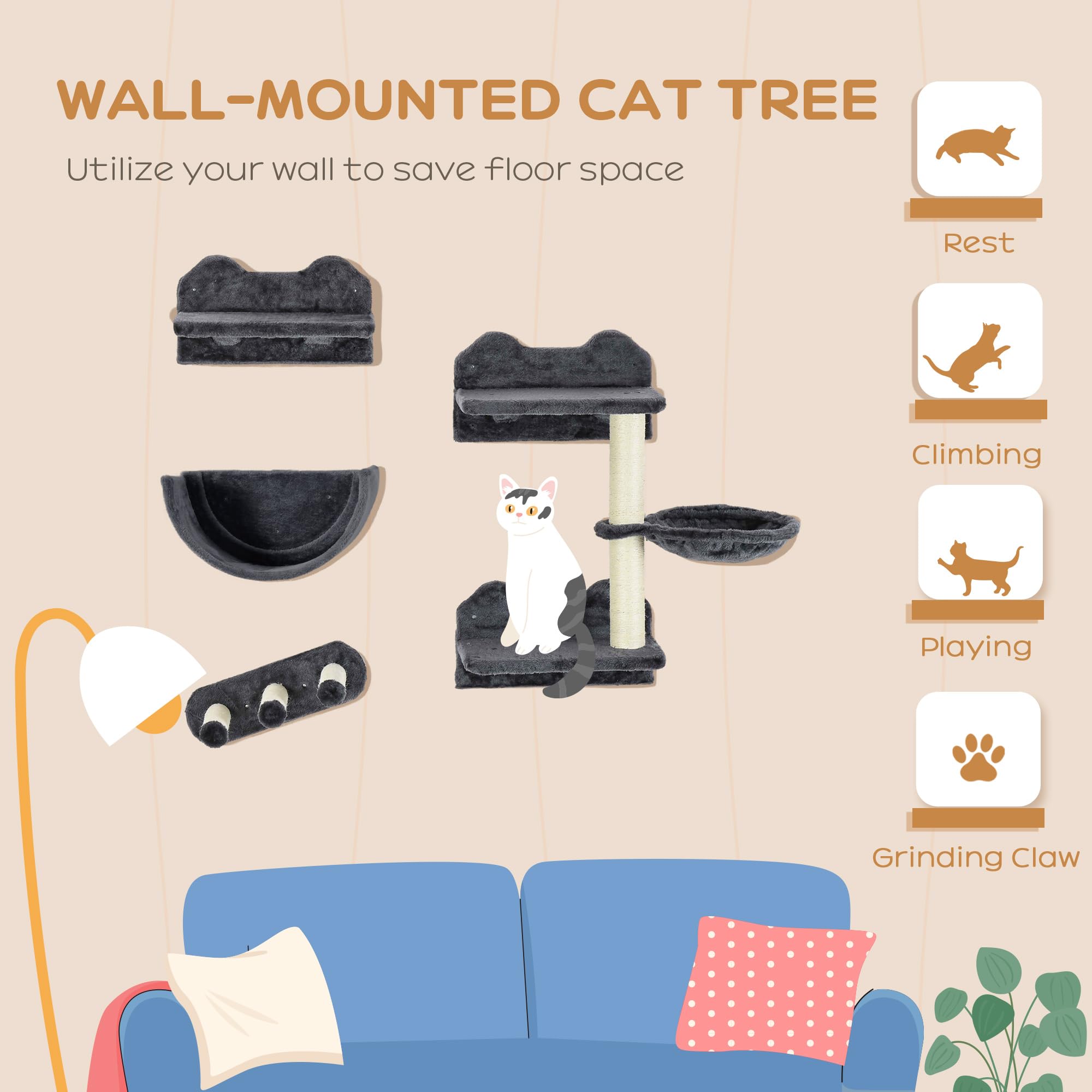 PawHut Katzen-Wandmöbel 4-teilig Set für Wohnungskätzchen, Dunkelgrau