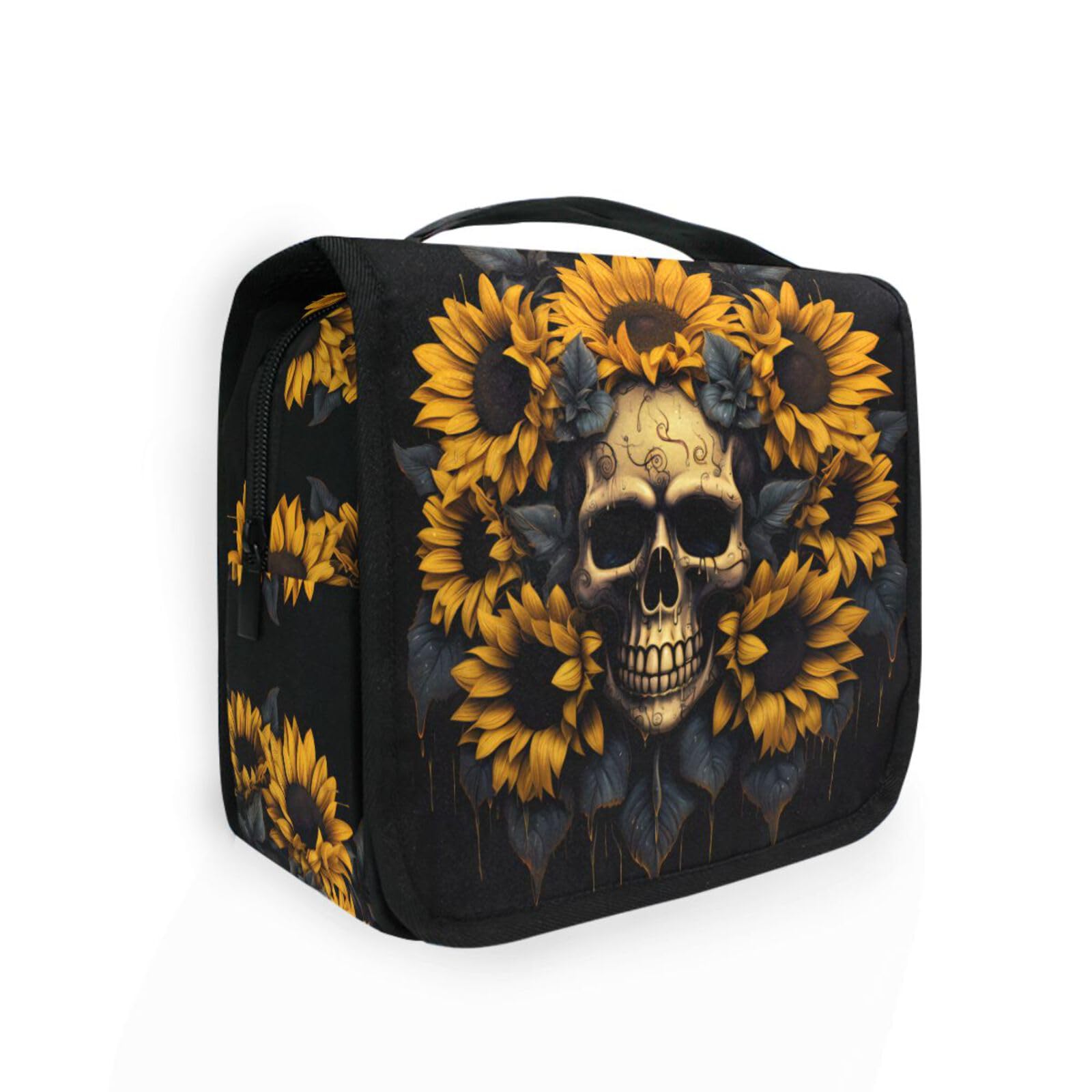 MNSRUU Neceser colgante de calavera y girasol, bolsa de maquillaje de viaje para artículos de tocador, organizador de artículos de aseo portátil, bolsas de cosméticos con gancho para colgar, Calavera