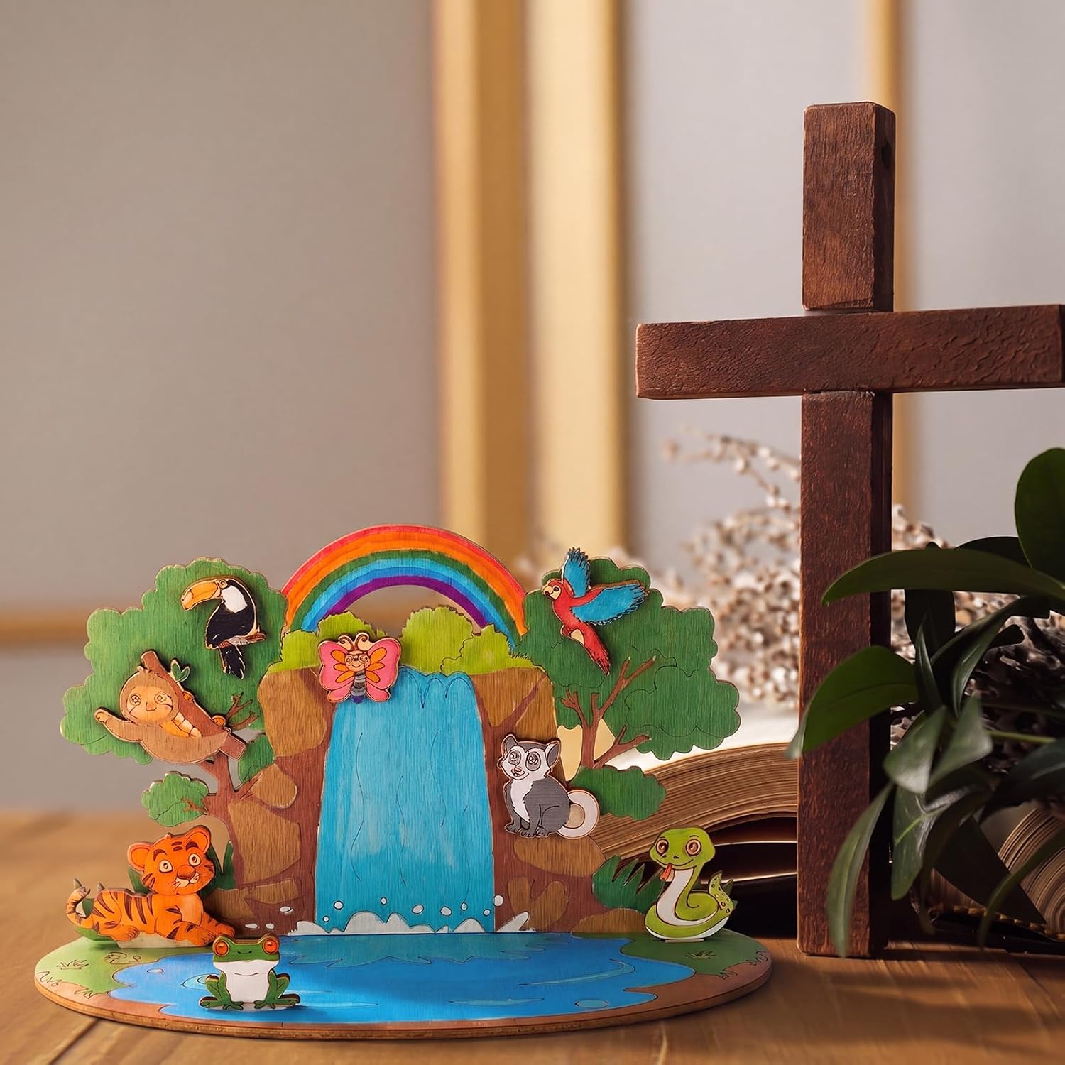 DoubleFill 12 Set 2026 Vbs Crafts Rainforest Animal Themed Craft Kits for Kids DIY Jungle Religious Wooden Cutouts Kit Tropical Animal Multi-Layer Crafts for Sunday School Church Bible Decor