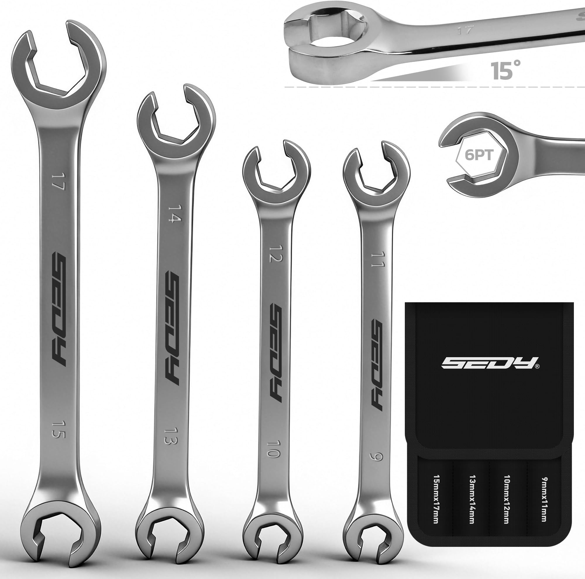 SEDY 4-Piece Flare Nut Wrench Set, Offset End Spanner Metric 9 10 11 12 13 14 15 17mm, CR-V Steel Storage Pouch Repair and Remove Nuts on Fuel Tube Hose Transmission Line