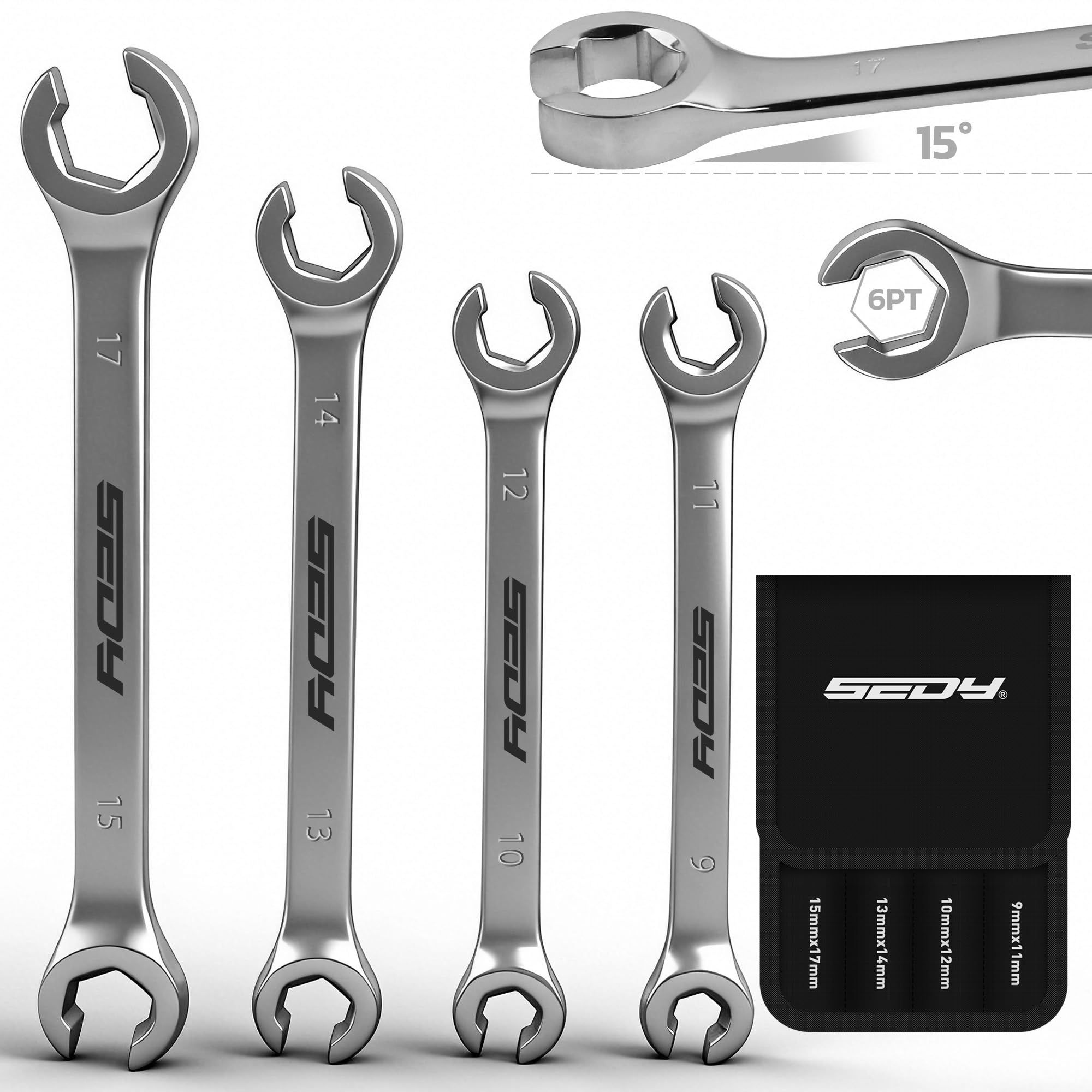 SEDY 4-Piece Flare Nut Wrench Set, Offset End Spanner Metric 9 10 11 12 13 14 15 17mm, CR-V Steel Storage Pouch Repair and Remove Nuts on Fuel Tube Hose Transmission Line