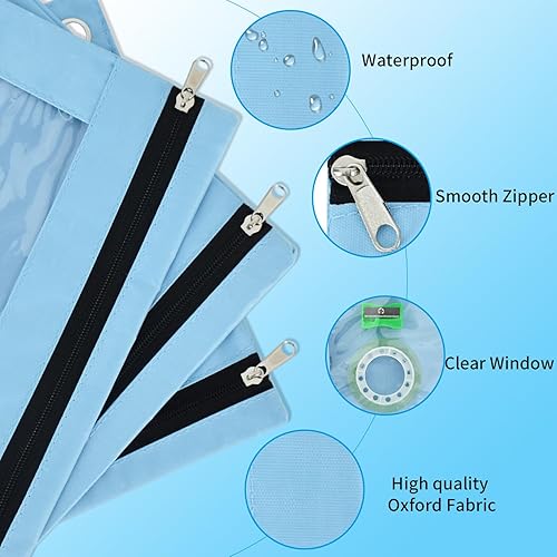 Miniatura 3 de Vuzvuv Paquete de 3 bolsas para lápices, bolsa azul para carpetas de 3 anillos, bolsas resistentes con cremallera con ventana transparente, bolsa de