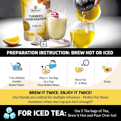 Miniatura 7 de BREWIX, Bolsas de té de hierbas Ashwagandha de cúrcuma (20 bolsas de té piramidales) Ingredientes reales de la India, sin cafeína y naturalmente sin