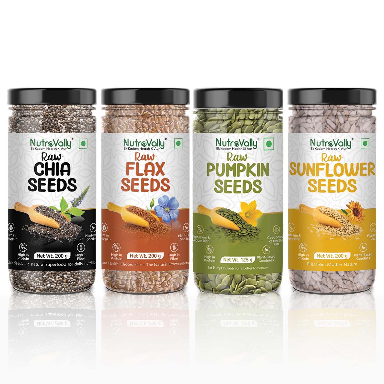 NutroVally Seeds कॉम्बो 725g 4 का पैक | चिया का कॉम्बो, सन, सूरजमुखी के बीज 200g + कद्दू 125g | ओमेगा 3 से भरे 100% प्राकृतिक बीज | खाने के लिए सुपर सीड | संतुलित बनावट और क्रंच के साथ कॉम्बो पैक - Image 1