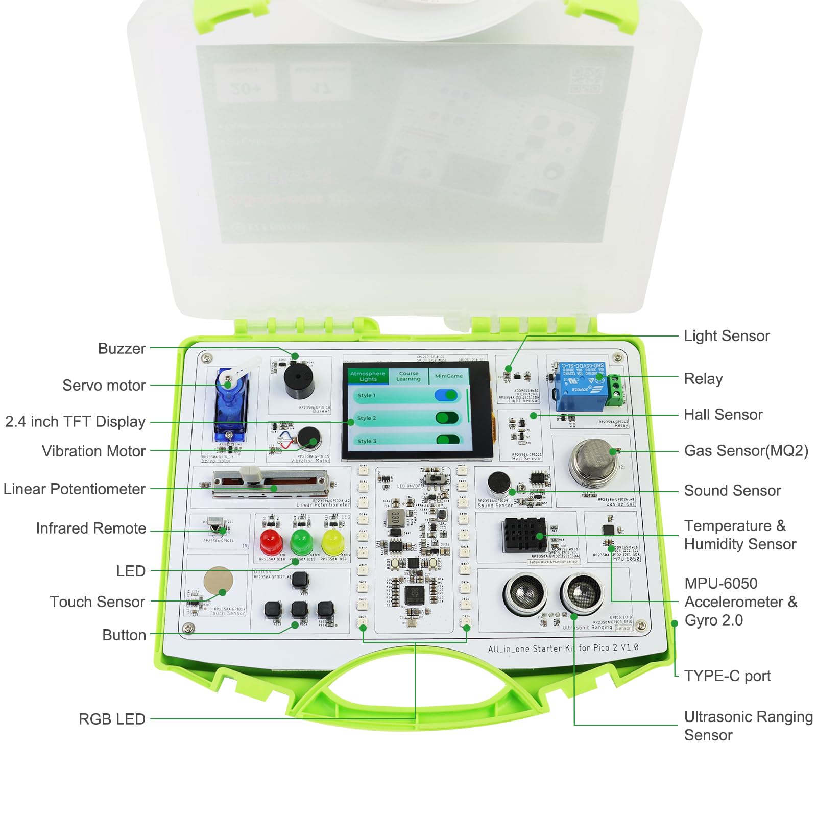 ELECROW Kit de démarrage tout-en-un pour Pico 2 RP2350 avec conception de carte commune et tutoriels en ligne, 17 capteurs et 21 leçons