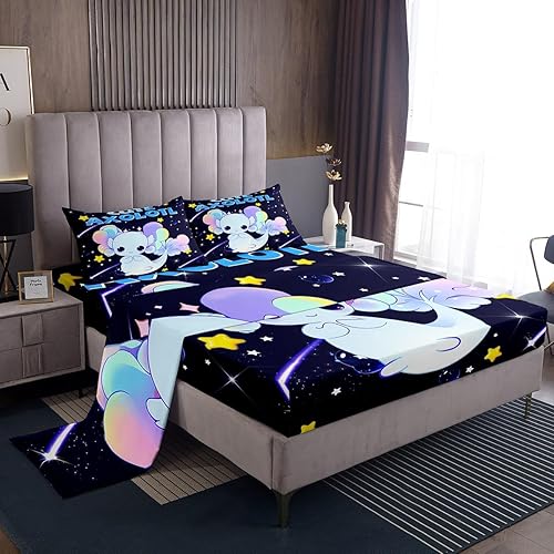 Juego de sábanas de ajolote de galaxia tamaño King, lindas sábanas de ajolote con sábana bajera de bolsillo profundo para niños, juego de sábanas de
