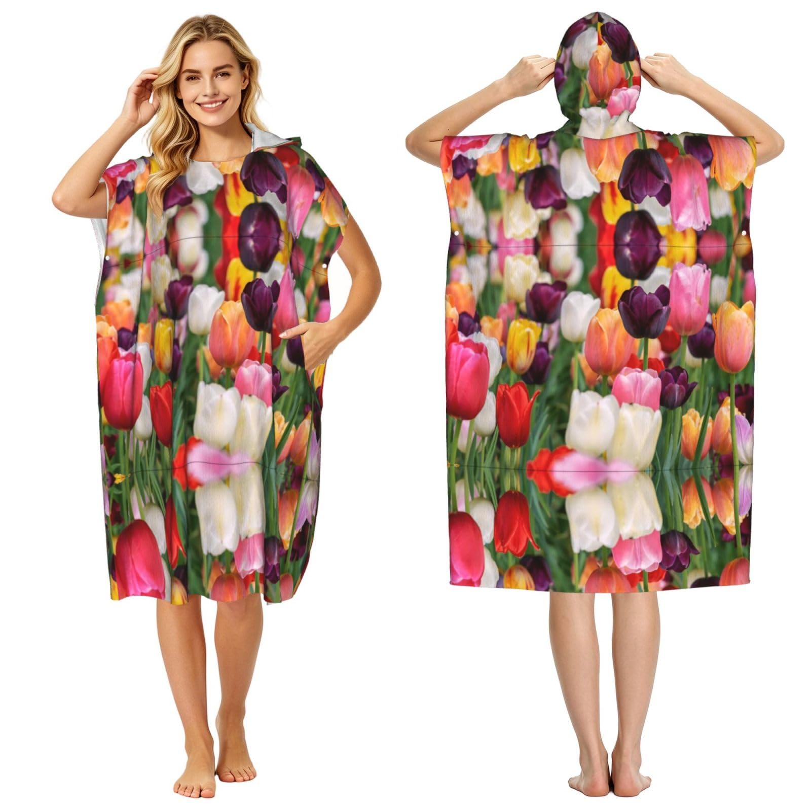EZDLOWVBA Tulips Print Hooded Poncho Microfiber Beach Towel,Adult Women & Men Changing Robe,Lightweight Summer Surf Swim Bath Poncho Towel
