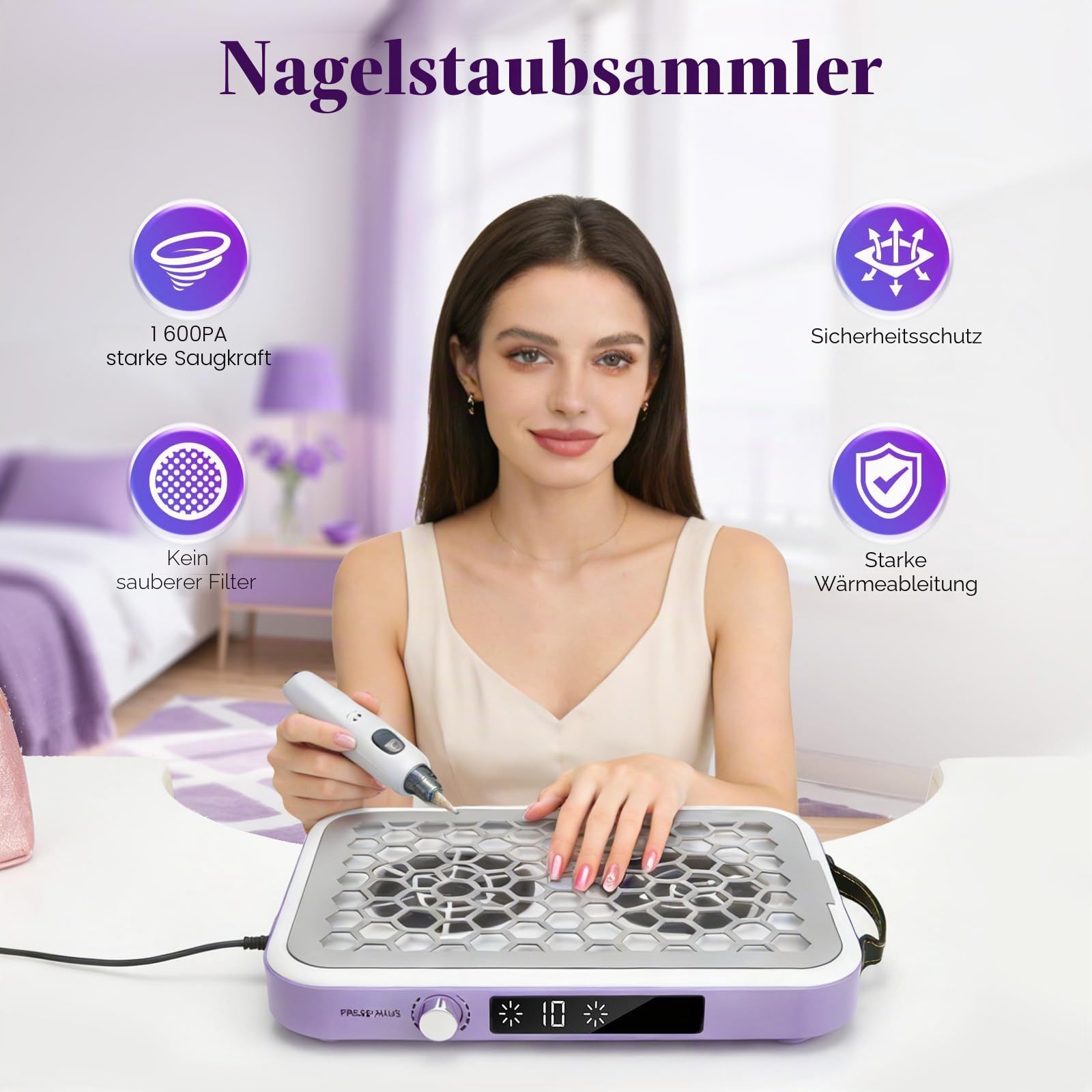 Professionell Staubabsaugung für Nägel,10-Gang Einstellbarer 8400PRM Nagel Staubsauger,Doppelte Saugstark Nagelstaubsauger mit Filters,Leiser Staubabsauger für Nagelstudio Maniküre Mit Griff