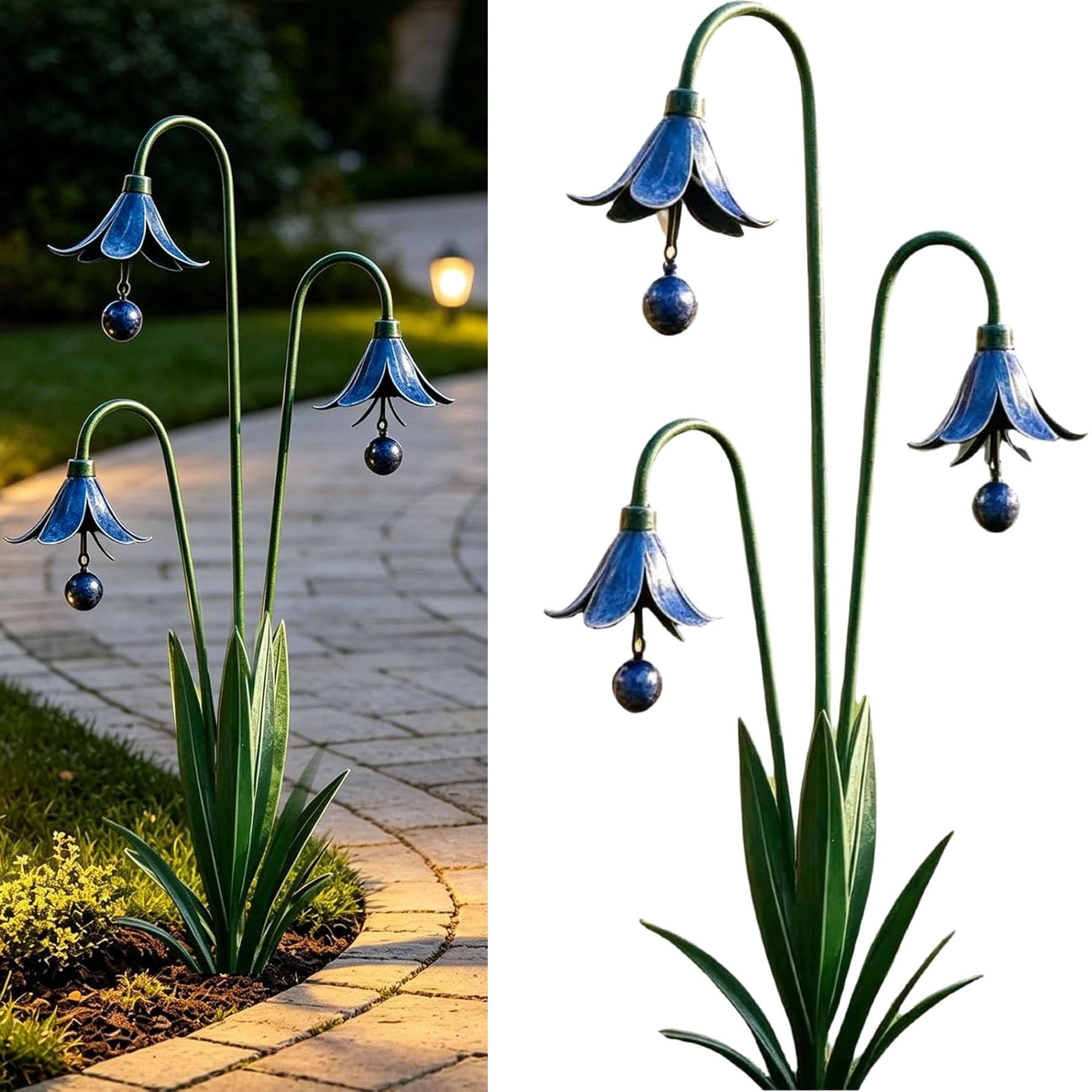 JORCEDI Triple Bluebells Garden Stake with Bell, Metal Flower Wind Chime, Weather-Resistant Outdoor Decor, Rustic Handmade Ornament for Walkway, Patio, Lawn, Flower Bed