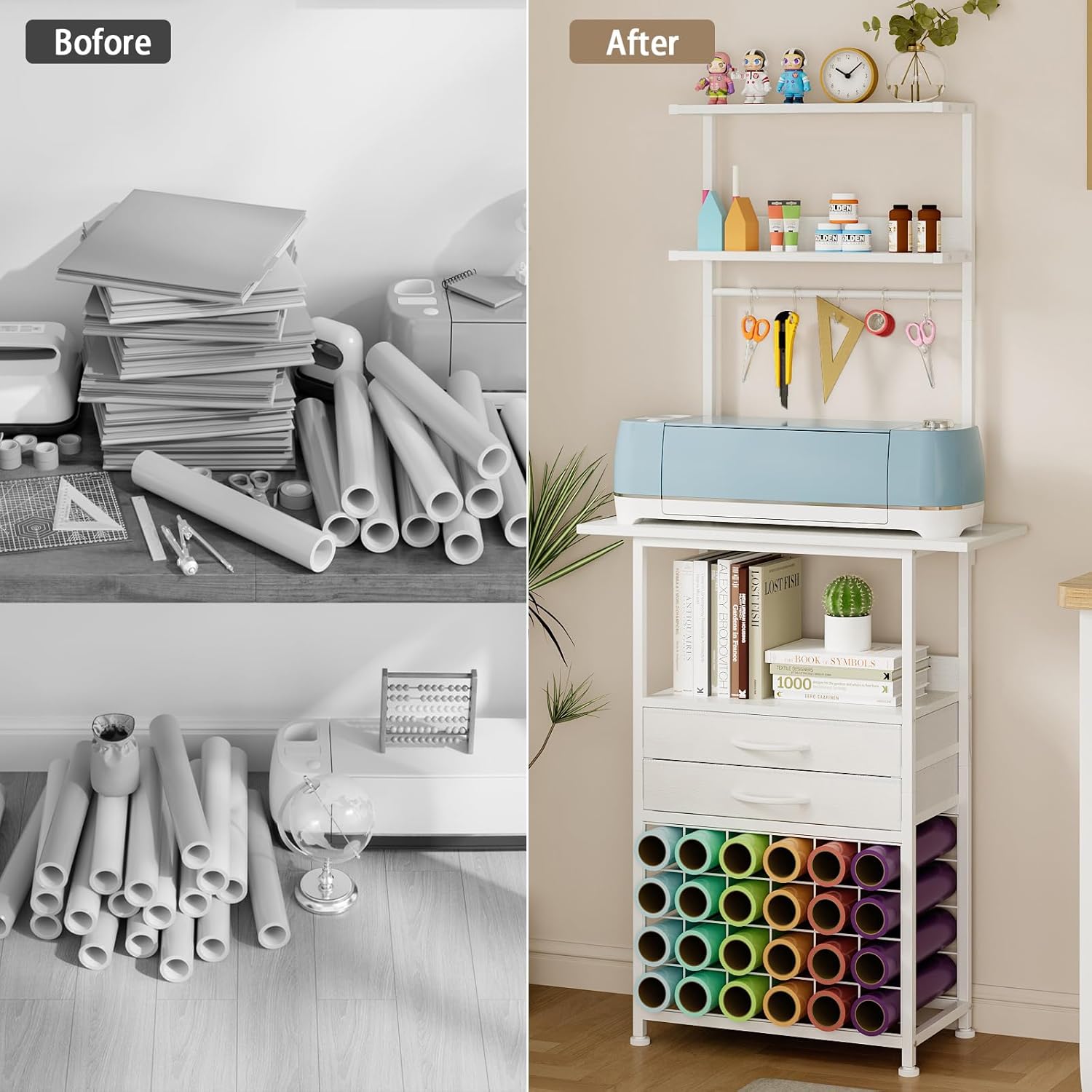 Craft Organizers and Storage Cart with Fabric Drawer, Craft Table for Cricut Machines, 4 Tiers Crafting Desk Vinyl Roll Holder, Crafting Table Workstation for Craft Room Home, White