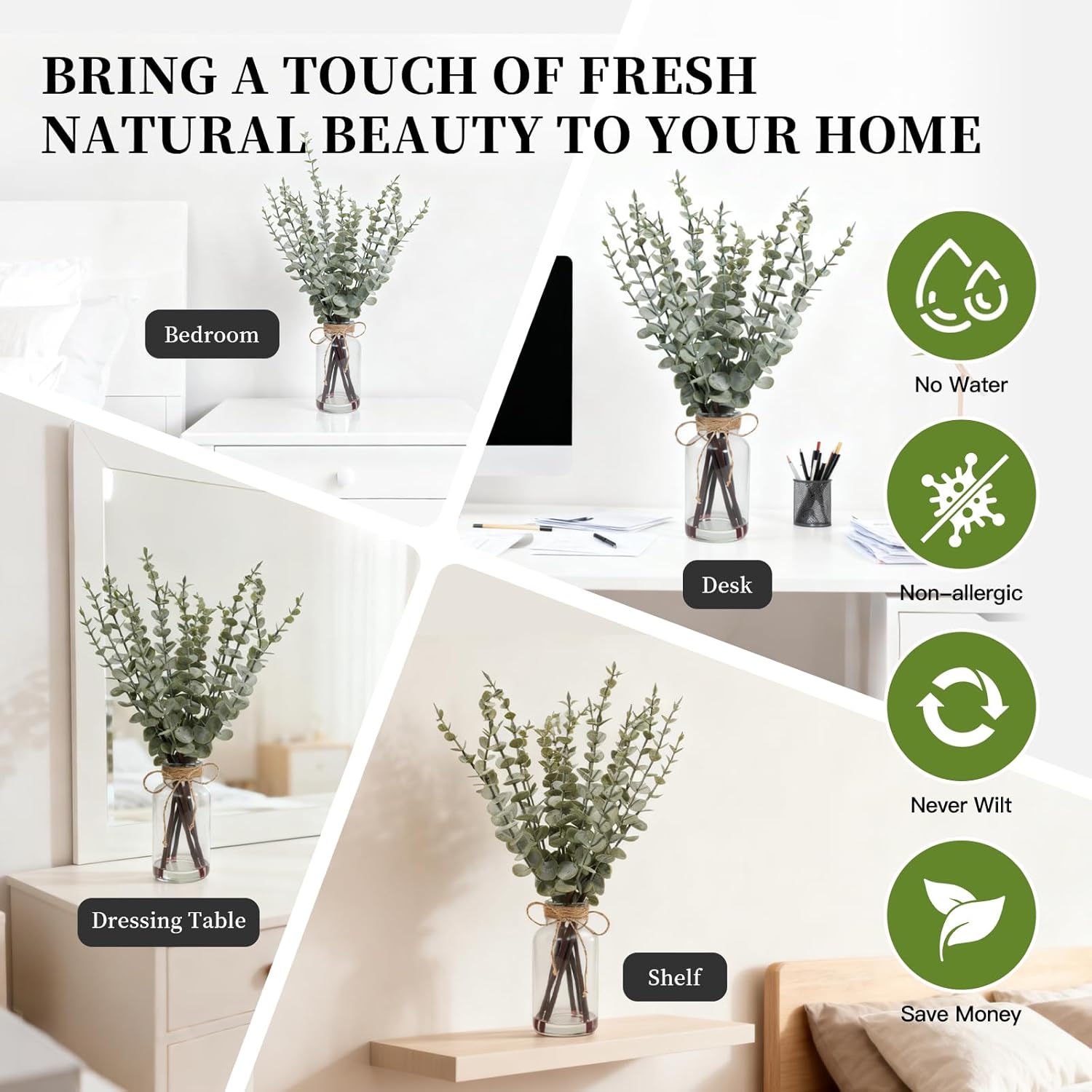 SwanMoon 17.5 Inch Artificial Eucalyptus Stems in Glass Vase with Faux Water, Fake Eucalyptus Leaves and White Seeds for Table Centerpiece, Farmhouse Wedding Home Greenery Decoration - Image 4