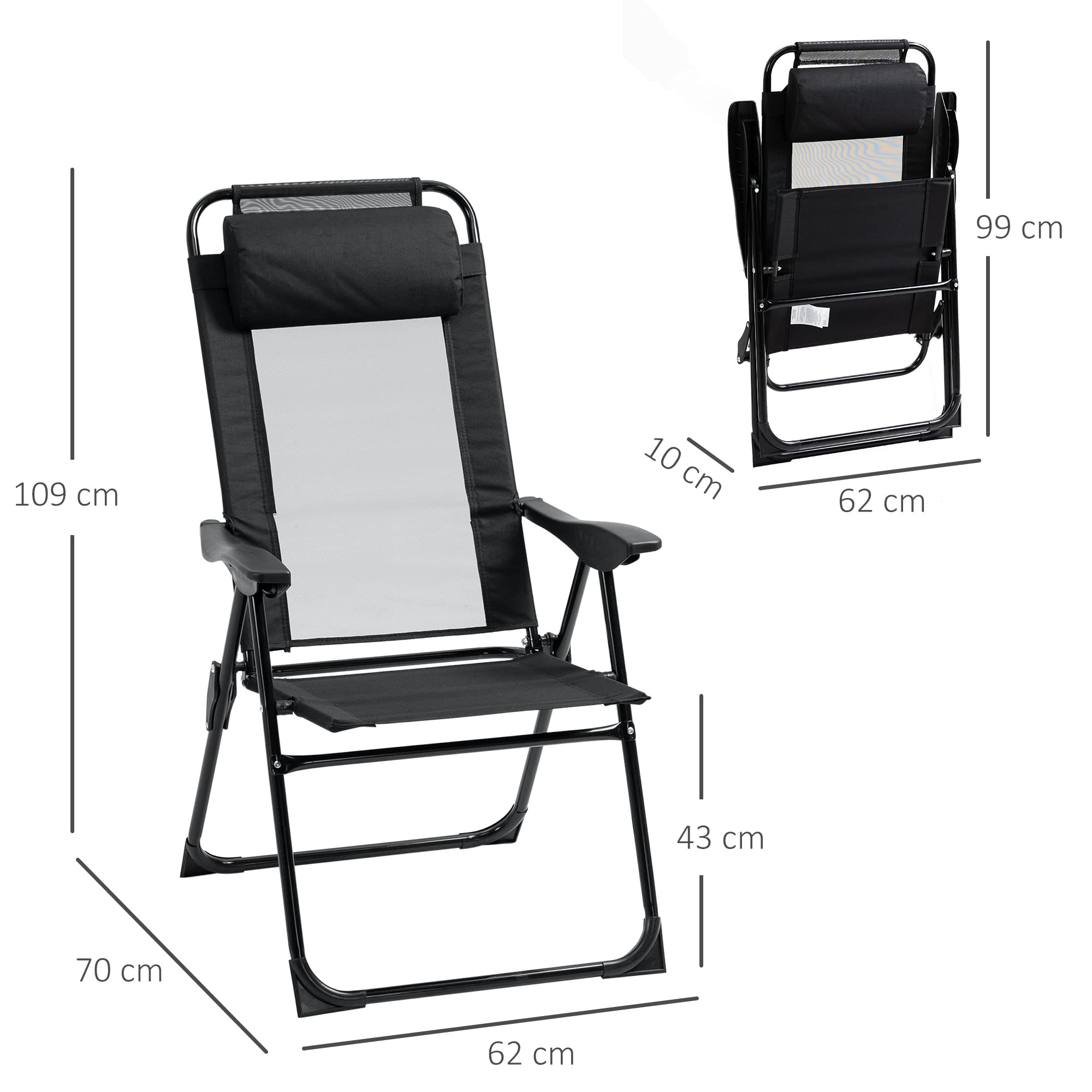 Outsunny Lot de 2 chaises de Jardin Set Basic de 2 chaises Pliantes Chaise de Camping Chaise de Balcon accoudoir Dossier réglable en 5 Positions Oreiller Amovible fourni Tissu Oxford textilène Noir