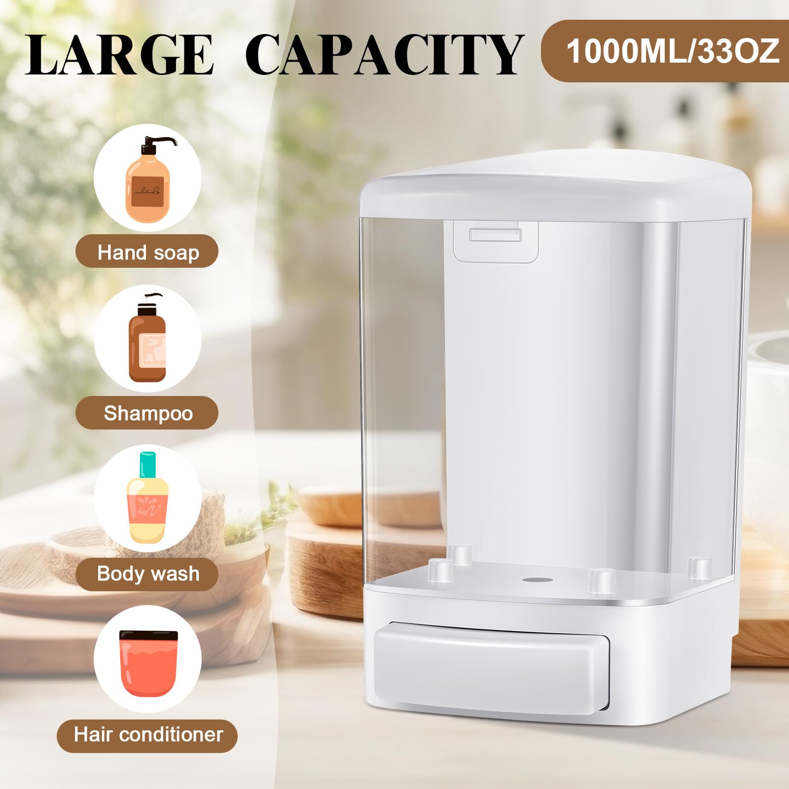 Hushee 2 dispenser di sapone da parete, manuale, dispenser di sapone da 1000 ml, in plastica, per bagno, cucina, hotel, gel liquido, shampoo, camera (bianco)