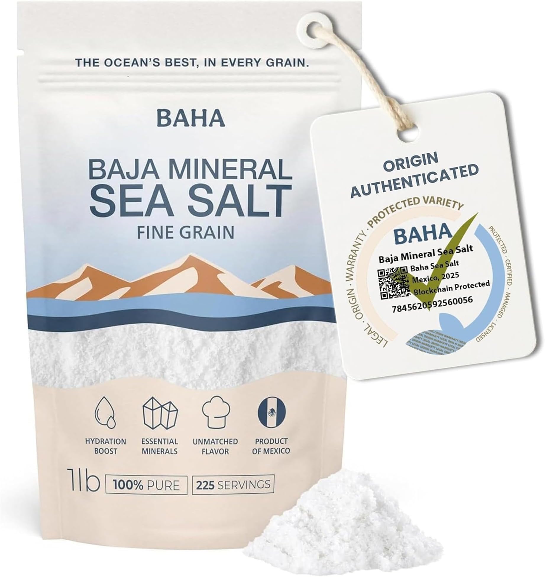 BAHA Baja Mineral Sea Salt, Fine Grain, Unrefined, 1 lb Bag