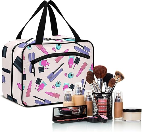 Miniatura 7 de ElliTarr Neceser de viaje para colgar cosméticos, bolsa de aseo compacta con gran capacidad para mujer, a cuadros, color rosa, Cosméticos