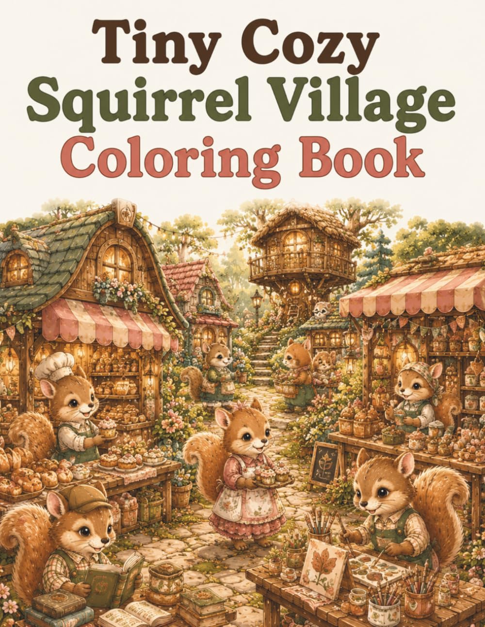 Tiny Cozy Squirrel Village Coloring Book: Cute and Easy Woodland Squirrel Coloring Pages Featuring Treehouses, Acorn Shops, Forest Markets, Cozy ... Cottagecore Scenes for Adults and Teens