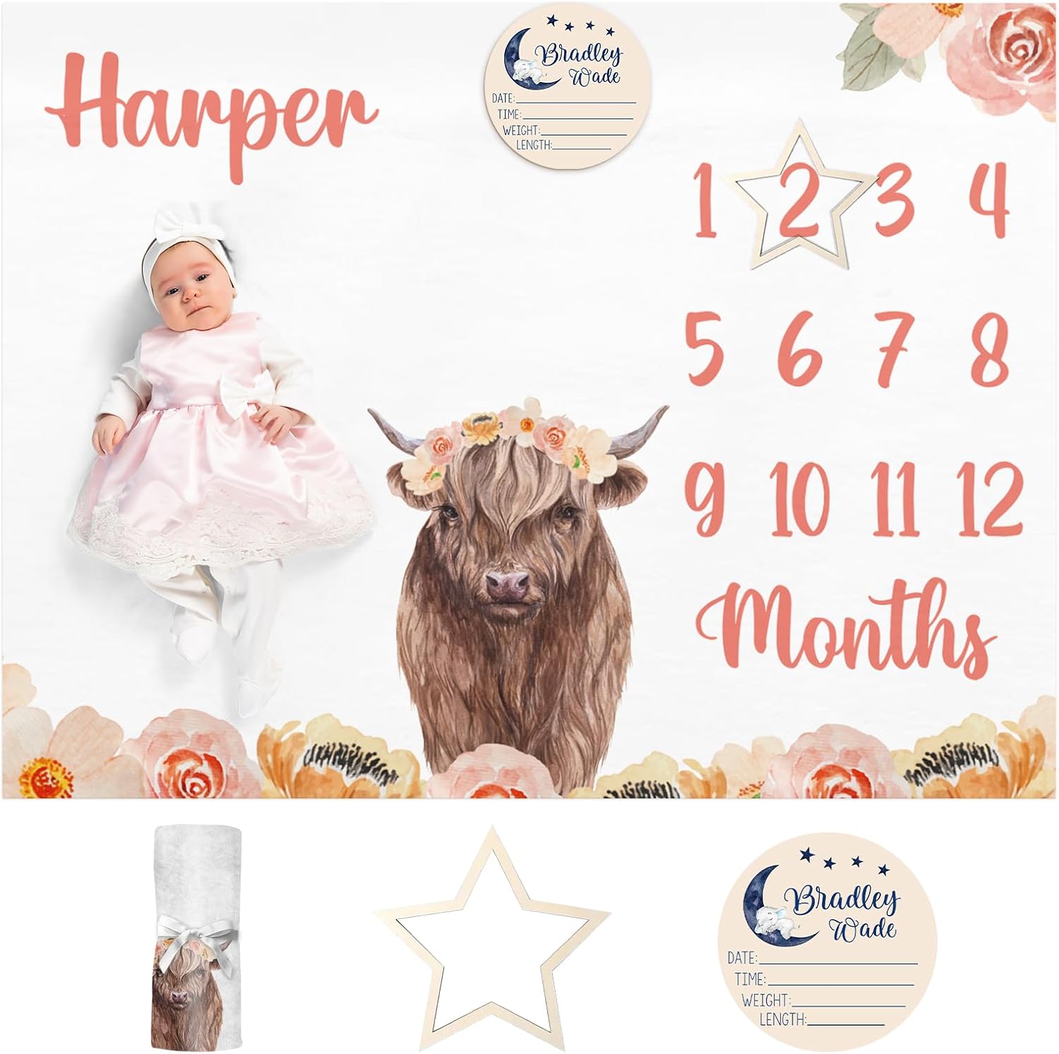 Personalized Baby Monthly Milestone Blanket Boy or Girl - Highlandr Cow Months Blanket with Wood Frame and Newborn Wooden Sign - Growth Chart Milestone Blanket 1-12 Month Milestones