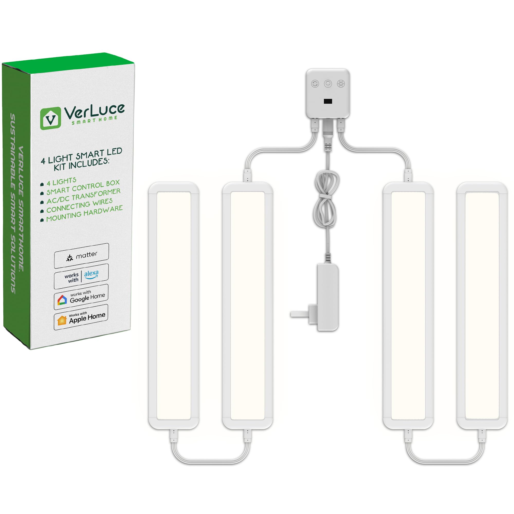 VerLuce - 4 x Flat Panel LED Light Kit - Plug-in - Smart Under Cabinet Lighting - Super-High-Output - 478 lm Per Panel - 2700K-6500K - 95 CRI - Works with Alexa, Google, Apple - Matter Certified