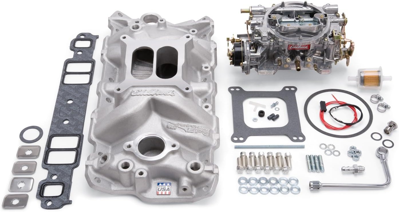 Edelbrock 2021 Single-Quad Manifold And Carb Kit For Performer EPS Manifold w/Performer Series 600cfm Carb Incl. Carb/Fuel Line/Intake Bolts/Gaskets Satin Finish Single-Quad Manifold And Carb Kit