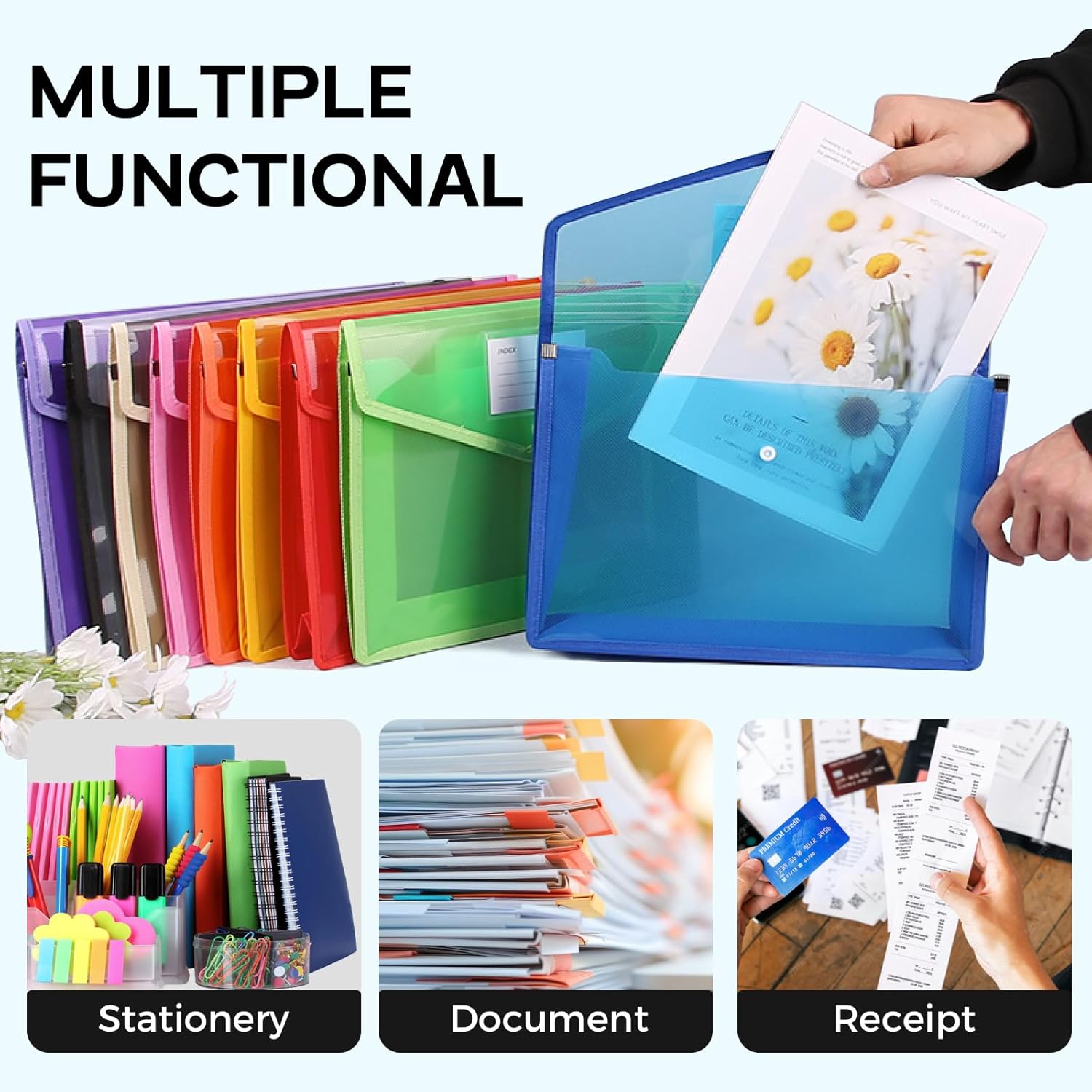 Plastic Expanding File Folder, Folders for Documents, Transparent Envelopes with Elastic Closure, File Folder Organizer Holder, Large Capacity, Fit Letter/A4 Size (Multicolor-10Pcs)