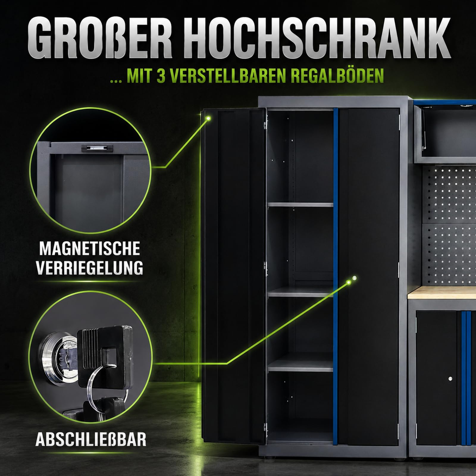 TRUTZHOLM Werkstattwand 13 tlg. aus Stahl 260 x 183 cm modulares Werkstattschranksystem flexibel stellbar & abschließbar mit Holzarbeitsplatte Hochschrank Schubladen Lochwand für Werkstattorganisation