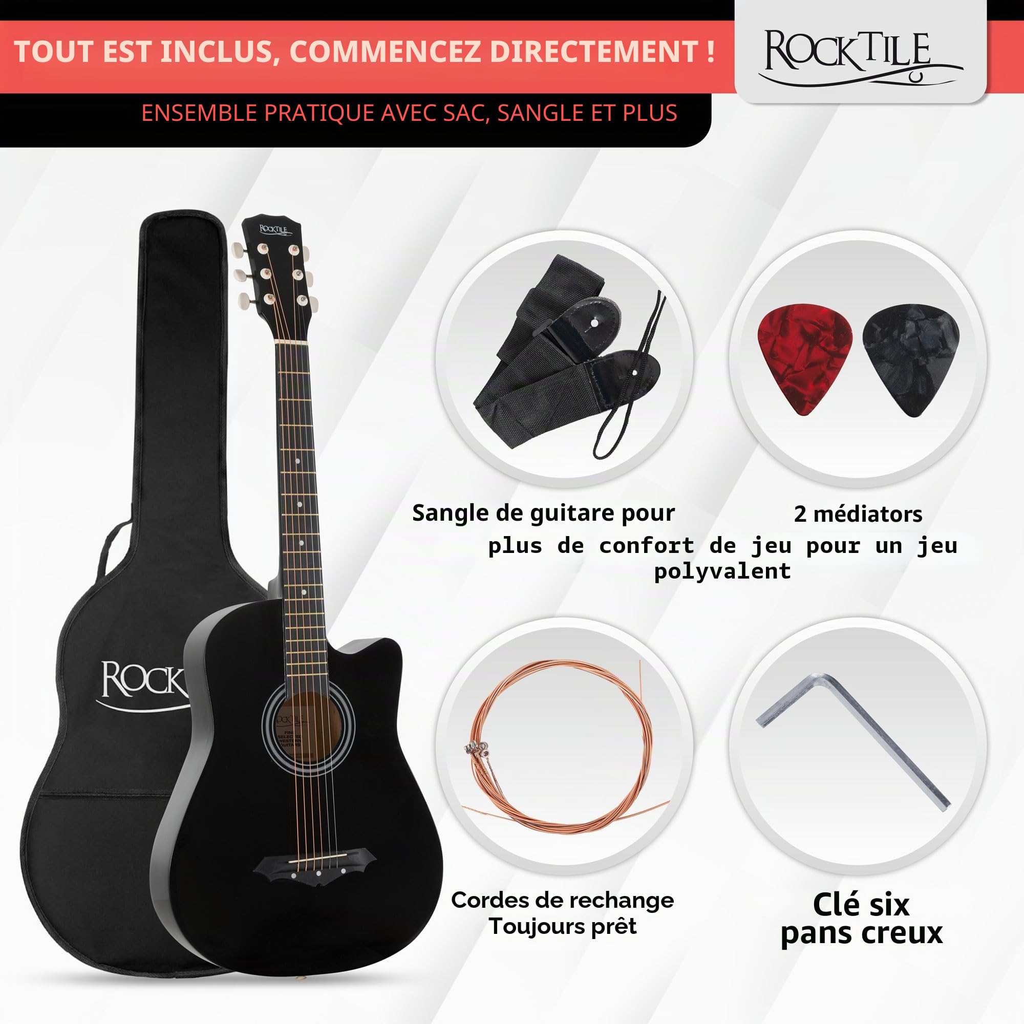 Rocktile WSD-5C-BK Slim Line Set de Guitares Western - Guitare Acoustique Dreadnought - Corps en Tilleul - Manche : Catalpa - Set avec Housse, Cordes de Rechange, Sangle et Médiators - Noir