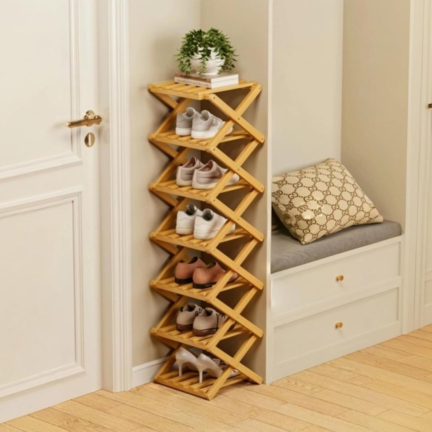 Foldable Space-Saving Organizer for Shoes, Tool-Free Instant Setup, Narrow Vertical Shelf for Entryway Closet Dorm, 2-10 Adjustable Tiers (Qrimary Colors, 7 Layers)