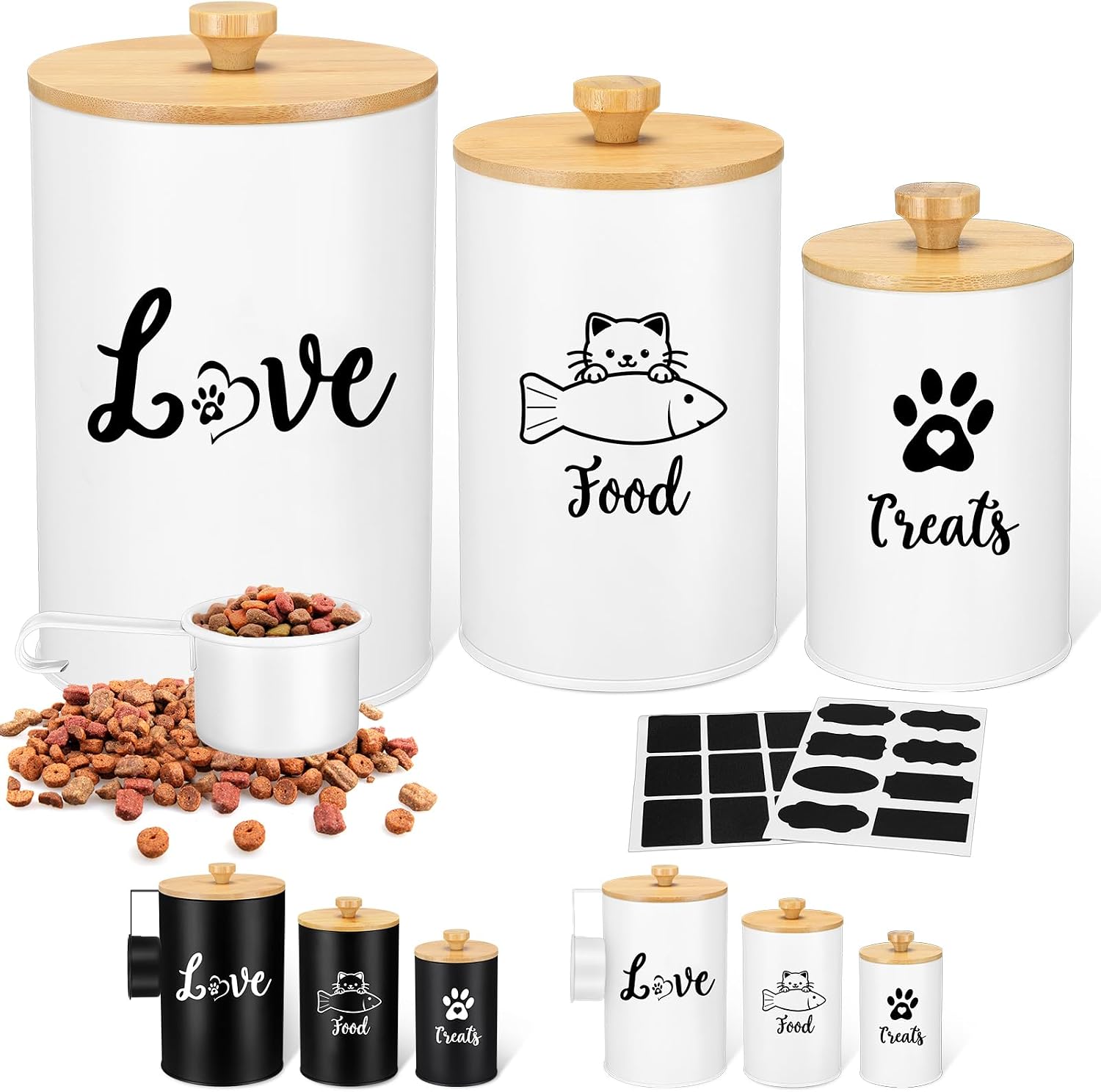 Reallnaive Metal Airtight Cat Treat Container Set of 3 with Bamboo Lids and Spoon Cat Food Storage Container with DIY Labels Pen Pet Cookie Snack Food Storage Organizer Jars for Kitchen Counter(White)