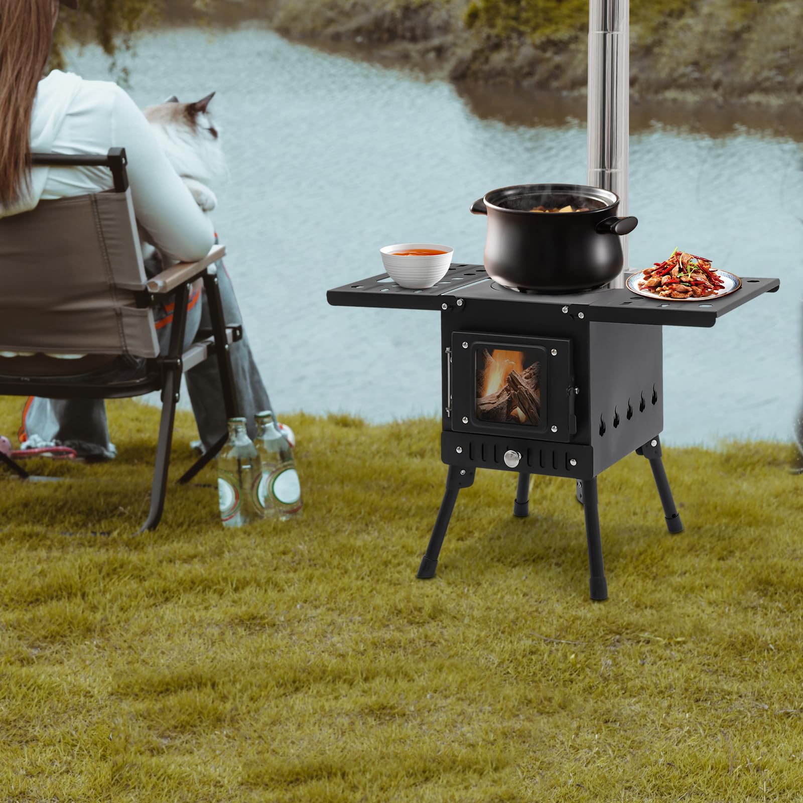 Estufa de leña portátil para tiendas de campaña, estufa de camping con patas plegables y tubos de chimenea para exteriores, camping, cocina, calefacción