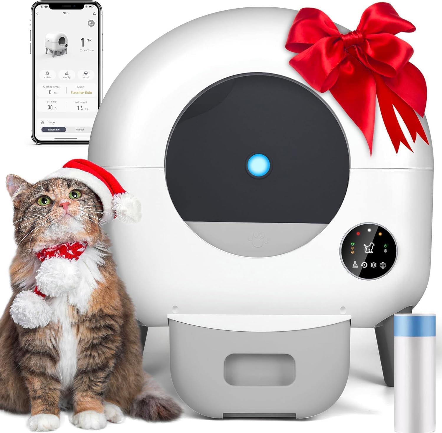 Litière Chat Autonettoyante XXL 76L, App, Anti-Odeur, LED, Multi-Chat | Capteurs sécurité anti-pincement, module parfum anti-odeur, 76L+13L, 1.5-12.5kg, éclairage LED, app poids, multi-chats, 15j.