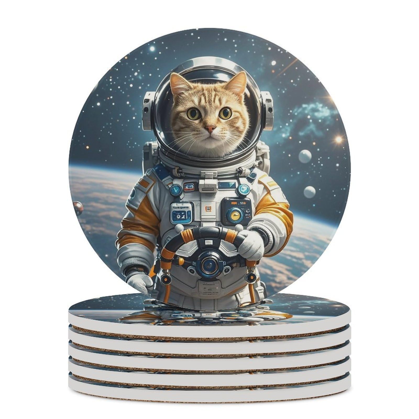 Dessous de verre céramique isolant chat astronaute antidérapant x6