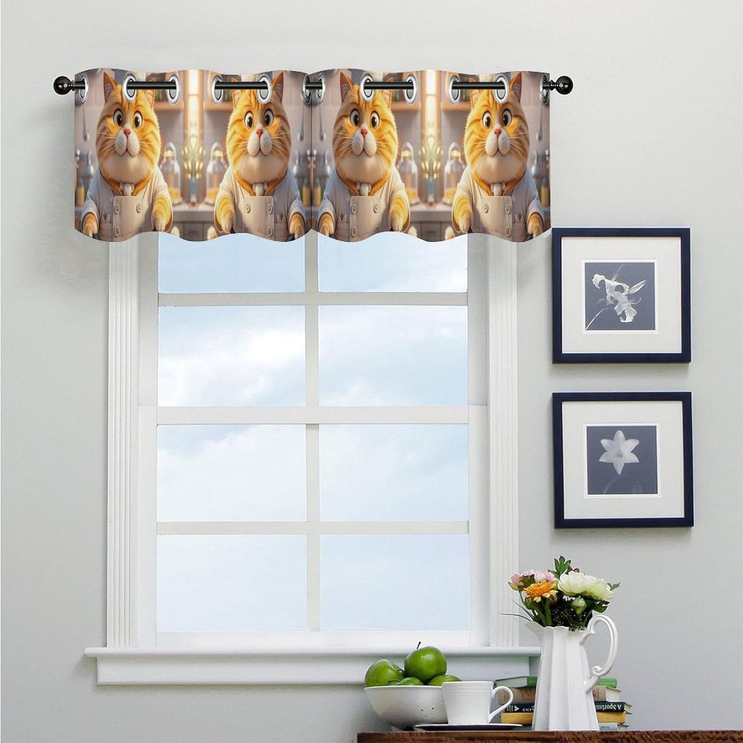 Cat Chef Valance for Windows, 2 Pack Kitchen Curtains Modern Home Decor, Soft Blackout Window Curtains for Living Room & Bedroom, 18 X 52 Inch