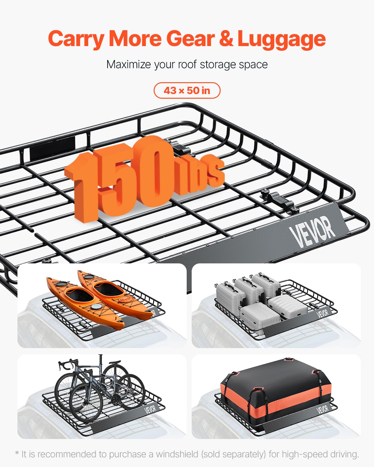 VEVOR Dachgepäckträgerkorb Autodachkorb (1095 x 1270 x 105 mm) universeller Dachgepäckträger aus rostfreiem legiertem Stahl mit 68 kg Max. Tragkraft, Autodach-Gepäckträger für SUV LKW