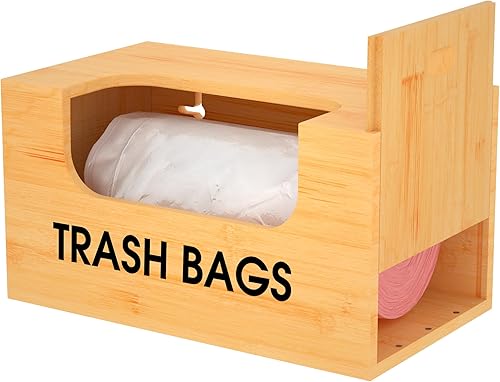 YAJR Dispensador de bolsas de basura, dispensador de bolsas de basura de bambú con panel deslizante magnético, dispensador de soporte de bolsa de