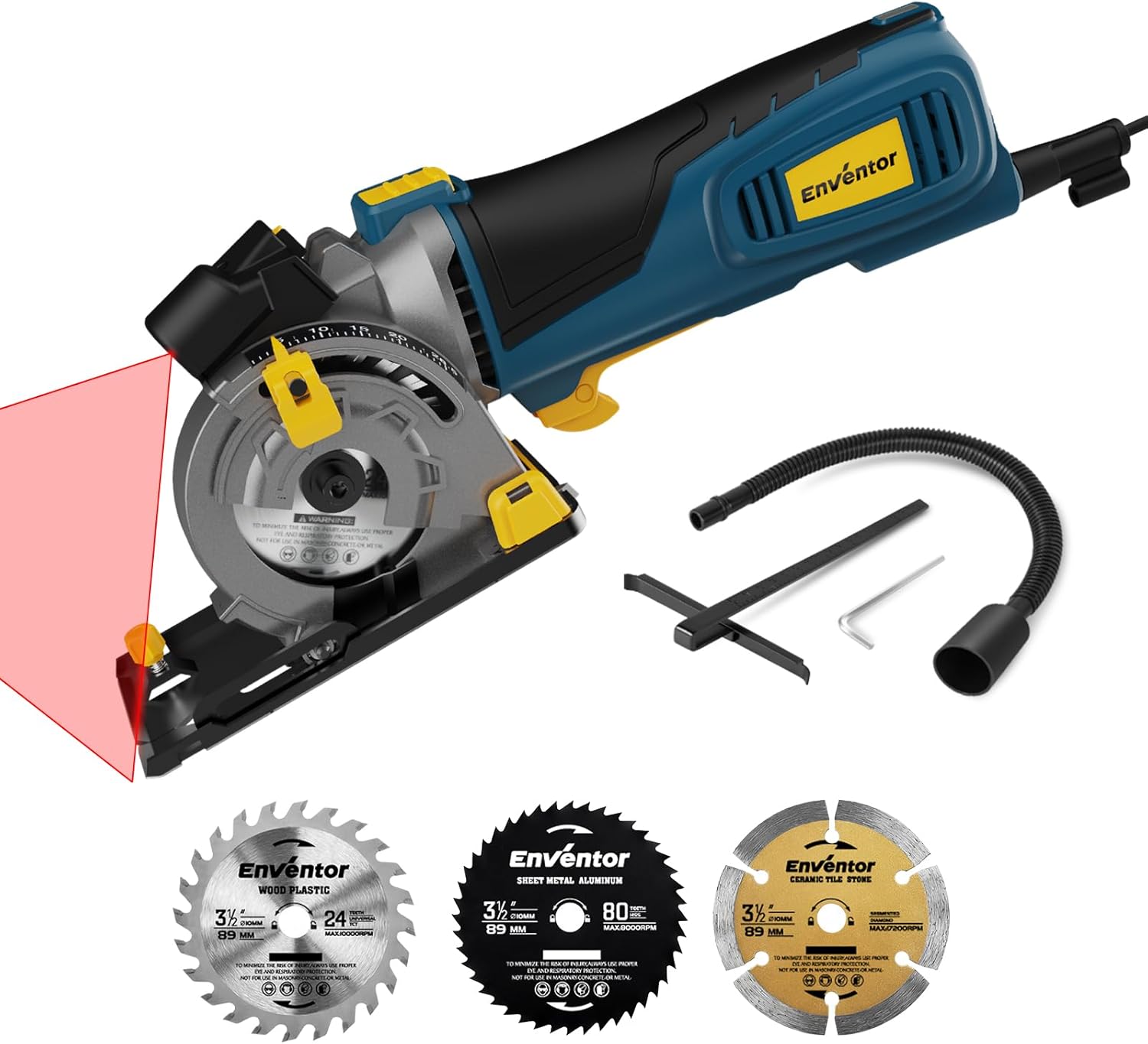 Enventor Mini Circular Saw, Upgraded 5A/600W Electric Circular Saws Corded with Laser Guide, 5,500RPM, 3 Saw Blades 3-1/2" Compact, Power for Wood, Soft Metal, Tile, Plastic, Adjustment Cutting Depth