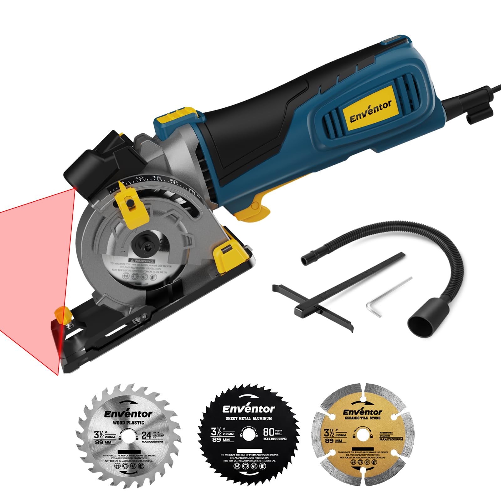 Enventor Mini Circular Saw with Laser, 600W, 5500RPM, One-Hand Operation, 3 Saw Blades (89 mm), for Wood, Tiles, Plastic and Thin Metal Global Recycled Standard Global Recycled Standard Global Recycled Standard