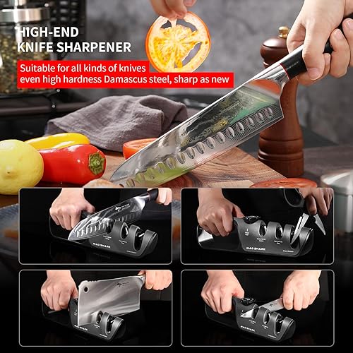 Miniatura 3 de MAD SHARK Afilador de cuchillos, 6 ángulos de afilado ajustables, herramienta afiladora de cuchillos gruesa y fina, afilador de cuchillos manual de