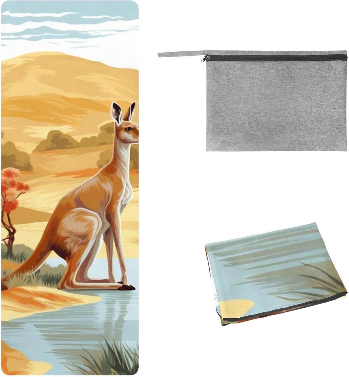 Yoga Towel, Kangaroo Pattern Non Slip Sweat Absorbent Hot Yoga Mat Towel for Hot Yoga, Pilates and Fitness - 72.8" x 26.8"