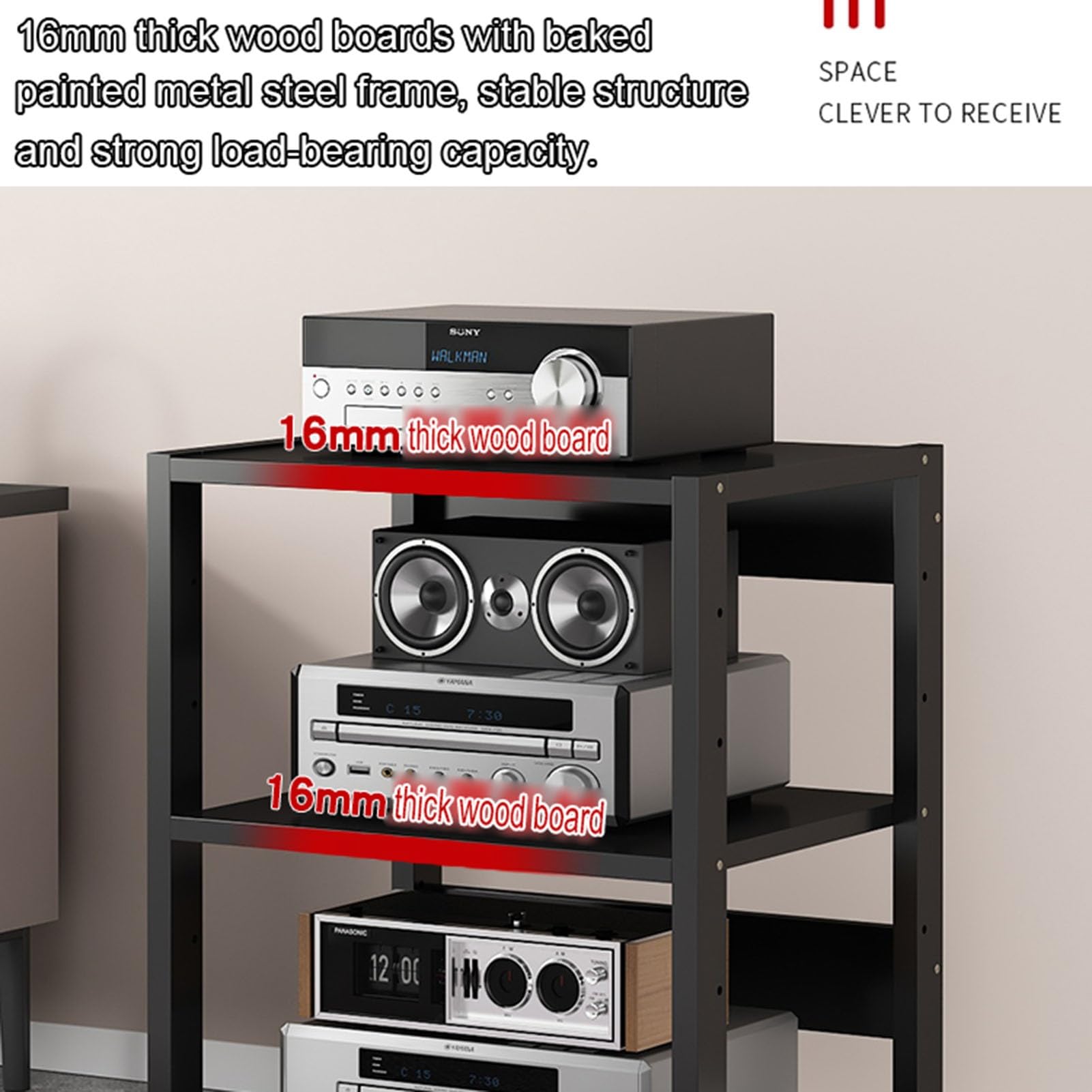 Wielofunkcyjny 4-poziomowy stojak na media AV, stylowy drewniany stojak audio, stojąca, narożna szafka pod telewizor do odtwarzacza CD i stereo, otwarta półka do przechowywania (kolor: A, rozmiar 55 x