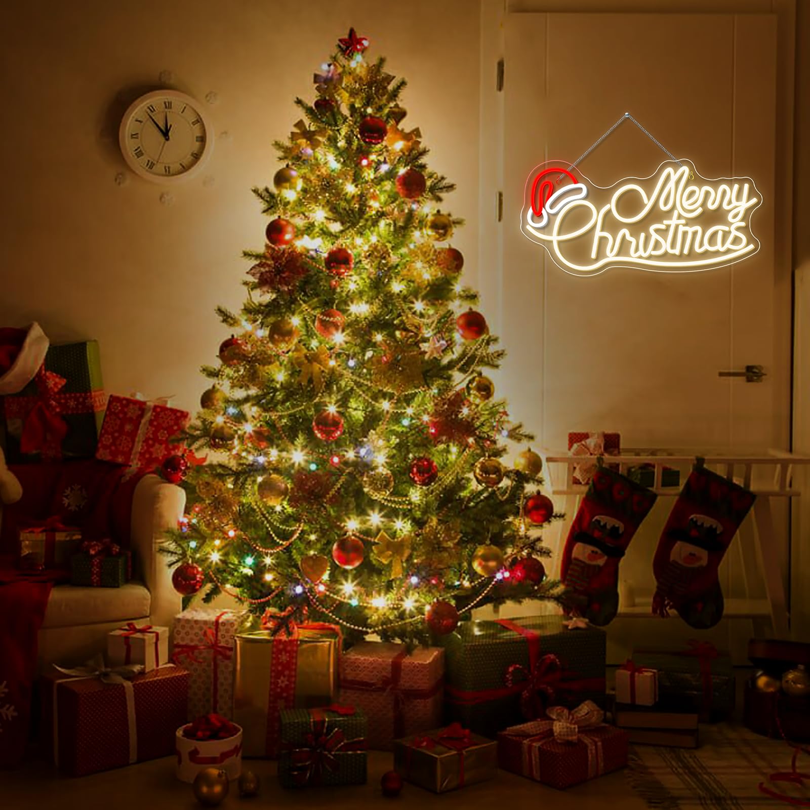Merry Christmas Hat Neon Led, Lettre Lumineuse Joyeux Noël avec Interrupteur Dimmable, Neon Mural pour Décoration,Néon Led de Fête de Noël,Chambre,Nouvel An,Commerce